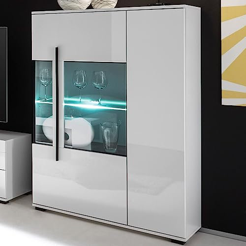 Lomadox Highboard in weiß Hochglanz inkl. LED mit Glaseinsatz Grauglas BxHxT: 90x140x37cm