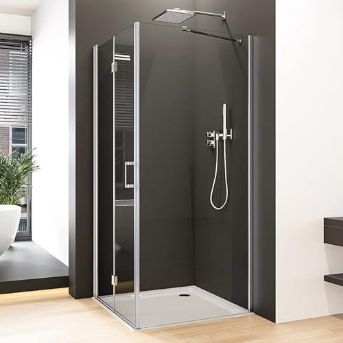 Eckeinstieg Duschkabine 90 x 90 cm Falttür mit Seitenwand Duschabtrennung, 90x90cm Dusche Duschwand mit festem Seitenteil 5mm ESG Sicherheitsglas Glas mit NANO Beschichtung, Duschtür Höhe: 195cm
