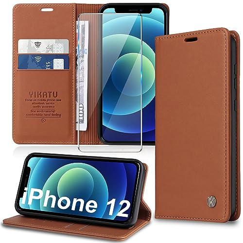 Migexxkj Handyhülle für iPhone 12/12 Pro Hülle [mit Schutzfolie][Premium PU Leder] Klapphülle Kartenfach Magnetic Ständer Flip Case Cover Etui Tasche Schutzhülle für iPhone 12/12 Pro 6.1“ (Brown)