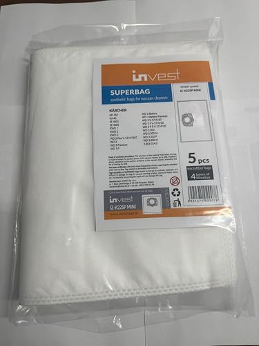 Invest - Staubsaugerbeutel Ersatz, Filtertüten Beutel Kompatibel mit Kärcher KFI 357 KFI357 KA 40 Ersatzbeutel Kärcher 2.863-314.0 WD2 Plus WD3 WD3s; KFI 357; KA 40; SE 4001 SE 4002 - Weiß, 5 Stück