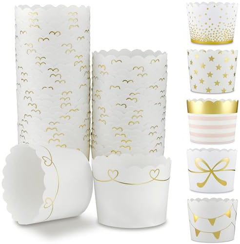 Frau WUNDERVoll® 25 Muffin Backformen weiß gold (metallic) Herz Schwung Bordüre Durchmesser 6,1 cm/Muffins Muffinbackform Muffinform Form Backförmchen Cupcake Formen Förmchen Papier Cupcakeformen