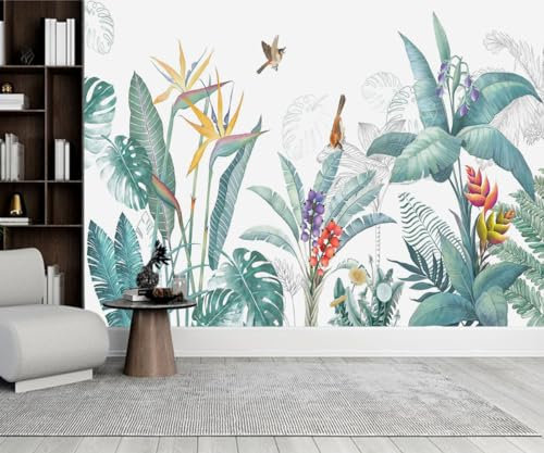 3D Papier Peint Panoramique Jungle Soie Vert Plante Tropicale Nature, 356 X 250 cm Murales Panoramique Oiseaux Fleur pour Salon, Adulte Chambre d'enfants, Restaurant Décoration