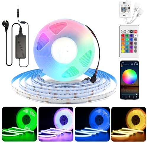 24V WiFi COB RGB LED Streifen 5m,COB Strip Dimmbar mit Fernbedienung und Netzteil, RGB Band Lichtleiste, 576LEDs/M, APP Steuerbar, Kompatibel mit Alexa Google Home
