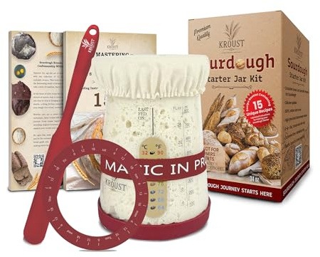 KROUST Sourdough Starter Kit - Dual Marked 34Fl.Oz/ml Glass Jar, Level Feeding Band, Timestamp ring, Thermometer sticker, Breathable Cloth Cover, Recipe Book - Complete sourdough Bread Making Set