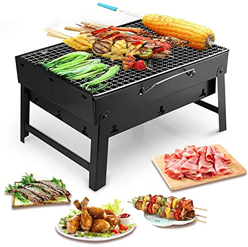 LELEW Holzkohlegrill, BBQ-Grill, zusammenklappbar, tragbar, leicht, Räuchergrill, Barbecue-Grill, kleiner Schreibtisch, Tisch-Außengrill für Camping, Picknick, Garten, Strandparty, 43,2 x 29,6 x 6,6