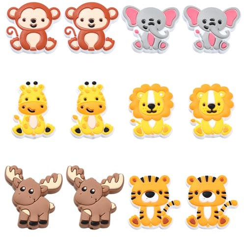 UR URLIFEHALL Lot de 12 perles focales en silicone 6 styles d'animaux mignons en forme d'éléphant, lion, tigre, perles en silicone pour stylos, loisirs créatifs, décoration de cordons