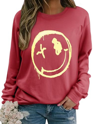 WIEIYM Women Sweatshirt Smile Face Crewneck Pullover Long Sleeve T Shirt Graphic Print Basic Tops Causal Jumpers S-XXL Red