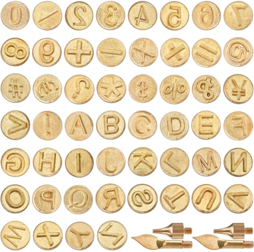 GORGECRAFT 52Pcs Wood Burning Tip Letter Golden Brass Copper Kit Alphabet Number Symbol Soldering Stencil Leather Burner Pyrography Tool Template Set for Wood Burning DIY Embossing Carving Craft