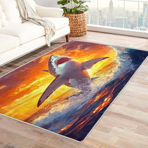 Hai Teppich Kinderzimmer - Teppich Wohnzimmer Schlafzimmer Meerestiere, Kleiner Teppich Hai Motiv, Weich Kurzflor & Waschbar & rutschfest Fussmatte Innen, Kinderteppich 80x150 cm