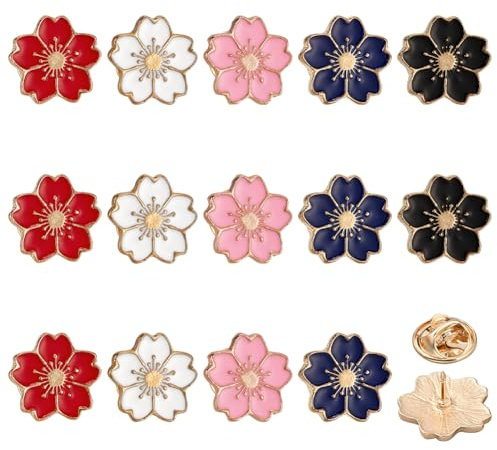 FINGERINSPIRE 15 Stück 5 Farben Kirschblüten Anstecker 16x16mm Kirschblüten Anstecknadel Blumen Emaille Brosche Süße Florale Anstecker Aus Metalllegierung Mit Nadelkappe Für Kleidung
