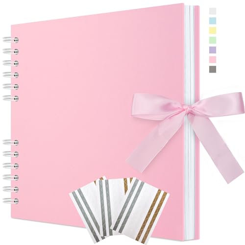 Remowith 29 x 21,5 cm Scrapbook-Album mit Band, Bastelpapier Fotoalbum für Hochzeit und Jubiläum, Familien DIY Fotoalbum mit Eckenaufklebern 100 Seiten Rosa