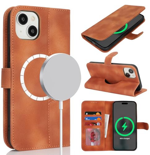 Zouzt Case for iPhone 14/13 (6.1), [Compatible with MagSafe] Magnetic PU Leather Wallet Case with Card Holders and Kickstand, Wireless Charging Flip Folio Phone Cover - Vintage Light Brown