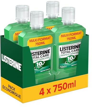 Listerine, Bain de Bouche Total Care Dents et Gencives (lot de 4 bouteilles de 750 ml) – Soin bucco-dentaire quotidien 10 bénéfices en 1 – Bain de bouche pour une haleine fraîche durable