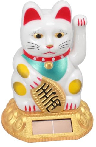 CYSFETENA Winke Katze Solar, Solarbetriebene Glückskatze mit Winken Arm, Maneki Neko Figur für Zuhause Auto Dekoration, Niedliche Deko Katze für Glück und Wohlstand (Weiß)