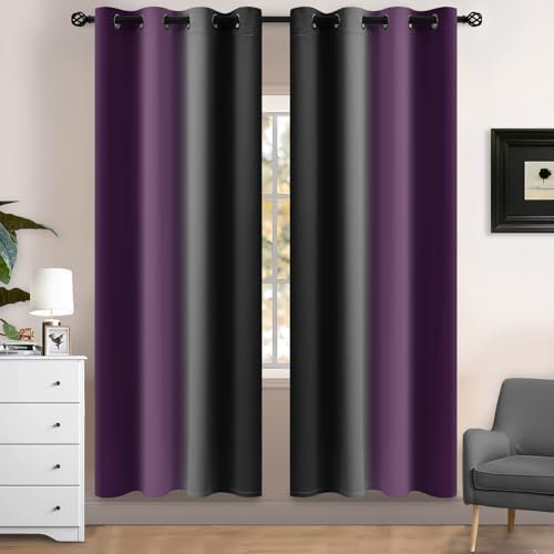 Yakamok 72 Inch Length Purple and Black Light Blocking Gradient Color Ombre Curtains with Grommet, Room Darkening Window Treatment Drapes for Living Room(2 Panels, 52x72 Inch)
