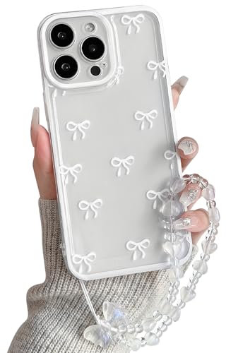 NITITOP Compatible with iPhone 13 Pro Case Cute Clear White Durable Ribbon Bowknot Pattern for Girls Women with Chain Wrist Strap Soft TPU Transparent Shockproof Protective Phone Cover - White