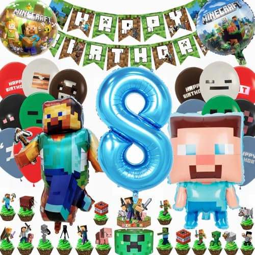 Kiwochy Kindergeburtstag Deko 8 Jahre Luftballon 8. Geburtstagsdeko Miner Gamer Geburtstag Party Deko Spiel Luftballon Miner Gamer Kindergeburtstag Happy Birthday Banner Cupcake Toppers