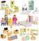 Atoylink Bunt Puppenhaus Möbel Set aus Holz, Puppen Zubehör Spielzeug mit Puppenhaus Puppen, Rollenspiel Geschenk für Jungen Mädchen Kleinkinder ab 3 Jahren