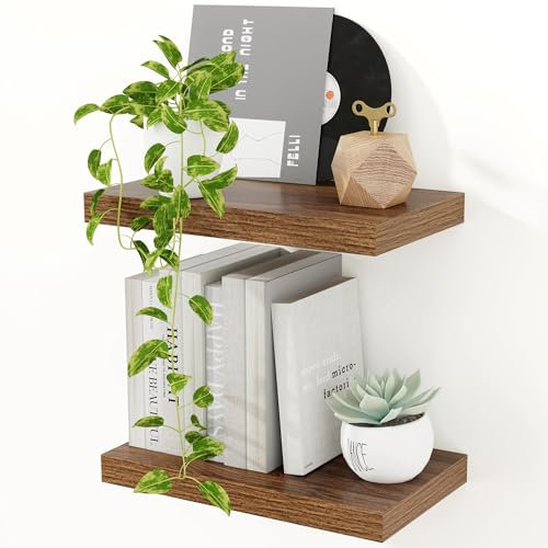 Feihorrm Floating Shelves for Wall, 40cm Wooden Floating Shelves Walnut, 23.5cm Deep Floating Wall Shelves for Bathroom Living Room Kitchen Bedroom Bookshelf Storage & Organizer, Set of 2
