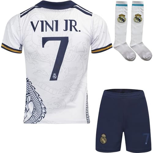 R. Madrid #7 Vini Jr. Édition Spéciale Dragon Blanc pour Enfants Nouvelle Saison, Shorts, Chaussettes, Tailles Jeune (Dragon Blanc, 26).