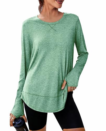 Terecey Langarmshirt Damen UPF50+ Funktionsshirt Sportshirt mit Daumenloch | Locker, 92% Polyester, 8% Elasthan, Atmungsaktiv, Schnelltrocknend, Leicht , Yoga Wandern Laufen Fitness, Sommer, UV