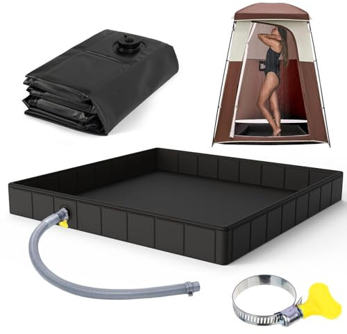 Portable Camping Shower Tray, 104x104x15cm Foldable Shower Base with Drain Pipe, Pet Shower Bathing Tray, Portable Shower Pan For Camping, Beach, RV, Tent, Outdoor Shower Cubicles