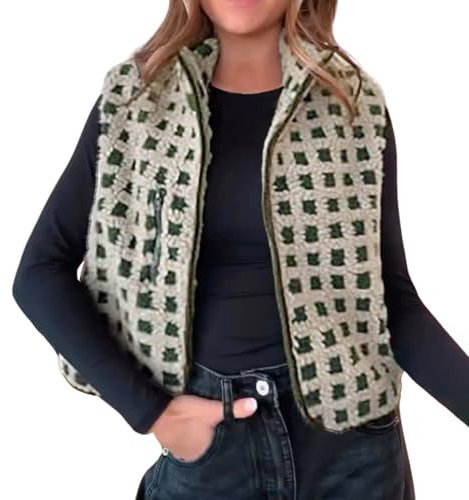 Generisch Maxi Manteau Femme Noir Gilet à Carreaux en Polaire sans Manches Cardigan Col Haut Zippé Hiver Rouge Tenue Chaude Alpaga Femme Manteau, vert, XL
