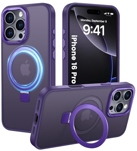PuyaTeya Magnetic Stand for iPhone 16 pro Case, Compatible with Magnetic, Military Drop Protection, Anti-scratch/fingerprint Translucent Matte iPhone 16 pro Phone Case(Purple)