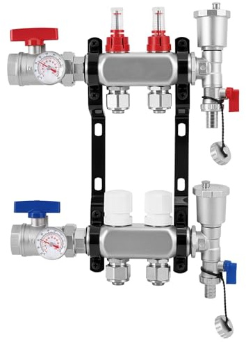 YUCHENGTECH Collettore Riscaldamento a Pavimento in Acciaio Inossidabile a 2 Circuiti con Eurocone 3/4 (16 x 2 mm), Distributore Circuito Riscaldamento Kit Collettore PEX con Flussometro e Valvole