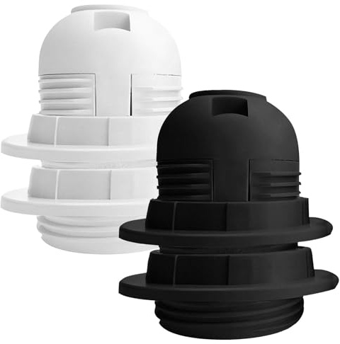 E27 Lamp Holder, 2PCS E27 Light Fitting Bulb Holder, White & Black Threaded Light Socket with Lamp Shade Ring for Ceiling Pendant, Floor Lamps, Table Lamps