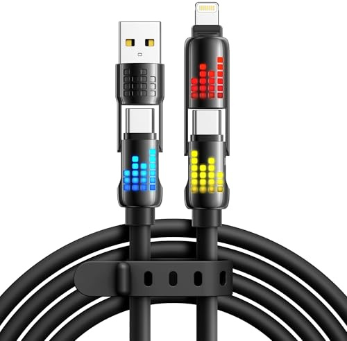 RAVIAD Câble Multi USB 4 en 1 Câble Universel [1.2M] Cable Chargeur Multi USB C Charge Rapide Lumière LED RGB avec USBC/USBA vers Lightning, USBC/USBA vers USB C pour iPhone 17/16/15/14, Galaxy - Noir