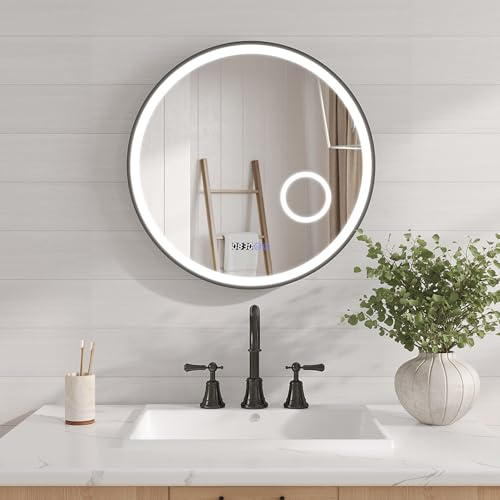 AQUABATOS Badspiegel mit Beleuchtung Rund Schwarz matt 60 cm LED Schminkspiegel Uhr Kosmetikspiegel Wandspiegel Badezimmerspiegel Lichtspiegel Dimmbar Touch Wandschalter Kaltweiß Aluminiumrahmen