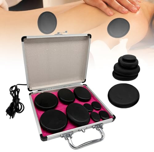 Hot Stone - Set di 9 pietre massaggianti basalto in valigetta riscaldante, con pietre massaggianti in basalto, per massaggi e rilassamento e trattamento SPA