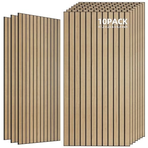 TO-TH Wood-Look Acoustic Wall Panels, 10 Pack 47.2” x 23.6” Acoustic Panel, Decorative Sound Absorbers Sound Dampening Panels for Home, Office, Studio, Gaming Room, Teak with Mitered Edges
