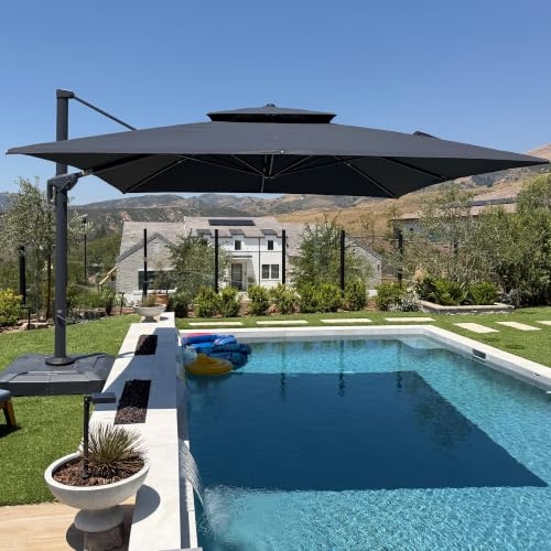 PURPLE LEAF Parasol Déporté 3,65 x 3,65 m Carré avec Double Toit Ventilé, Parasol de Jardin Extérieur, Anti-UV 50+, Rotation 360° et Inclinaison Réglable, Adapté aux Grands  Jardins, Gris foncé