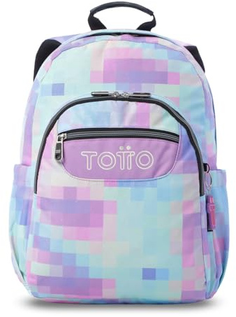 TOTTO - Mochila Escolar Adaptable a Carro, Modelo Acuareles Glitter, Capacidad 20 L, Bolsillo para Pc 14, 2 Bolsillo Botella, Espaldar Ergonómico con Flujo de Aire, Correas en S, Estampado Pixelly