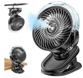 Clip Ventilator Mit Wasserkühlung, 6000mAh Ventilator Akku Aufladbar | Mini Tragbarer USB Tischventilator mit 4 Windstufen, Leise Klein Deckenventilator Ideal für Kinderwagen Haus Büro Outdoor
