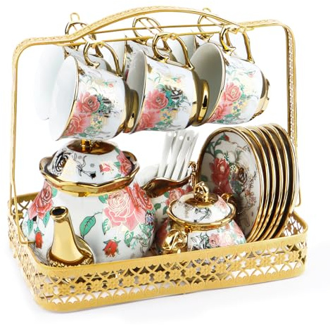 Tea Set for Adults - 22Pcs European Style Vintage Porcelain Bone Afternoon Tea Sets with Teapot, Sugar Bowl, Milk Jug, 6 Cups & Saucers, Gold Floral Design, Complete Tea Service for Women, Party