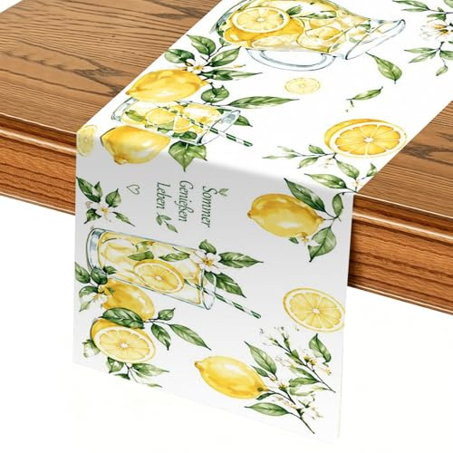 Tischläufer Zitrone 180x40cm – Mediterrane Sommer Deko für Esstisch – Zitronen Deko Outdoor & Indoor Tischband – Waschbarer Tischläufer Sommer mit Zitrus Motiv