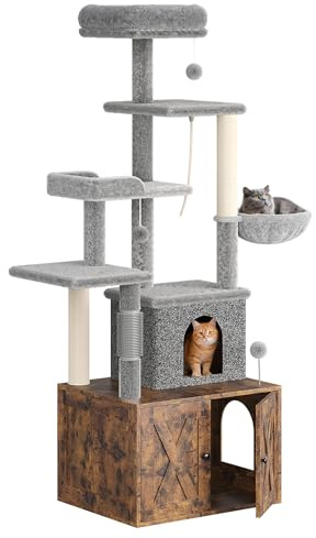 3-in-1 Modern Cat Tree with Hidden Litter Box Enclosure - Cat Condo Cabinet with Scratching Post, Hammock & Multiple Perches - Classic Brown