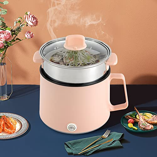 Electric Hot Pot 1.7L, Non-Stick Mini Noodle Cooker with Steamer (Pink) | 300W & 600W Dual Power, 2 Gear Portable Mini Stock Pot with Glass Lid, Electric Hot Pots for Noodle, Pasta, Ramen