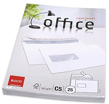 ELCO 74473.12 Office Verpackung mit 25 Briefumschläge/Versandtasche, Haftklebeverschluss, C5, 100g, weiss, Fenster: ja
