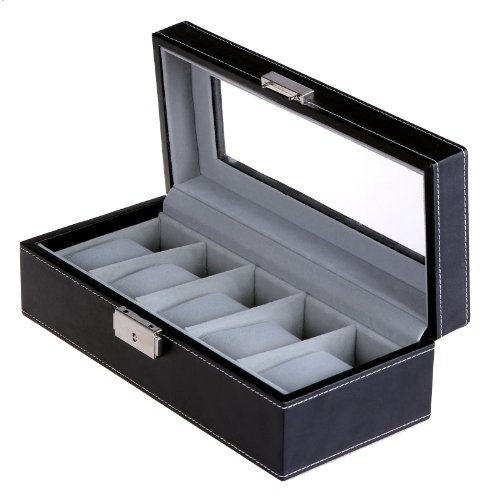 SONGMICS Uhrenbox mit 5 Fächern, Glasdeckel, Uhrenkästchen mit weichem Samtfutter, Präsentation und Aufbewahrung von Uhren, mit Schloss und Schlüsseln, JWB05B