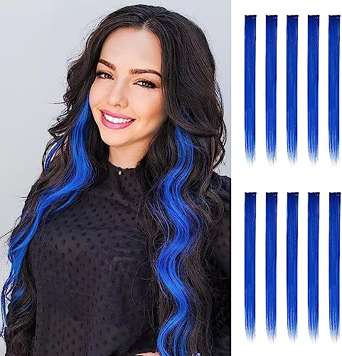 FESHFEN Bleu Extension de Cheveux Colorés, Couleur Bleu Foncé Extensions de Cheveux 10 PCS Naturel Synthétique colorés Postiche Cheveux Long Raides Extensions de Cheveux pour Femmes 55 cm