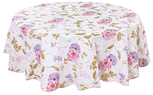 sourcing map Tischdecke Tischtuch Tischwäsche abwaschbar rund frühling wasserdicht, öldicht, schmutzabweisend Blumenmuster Lila & rote Pfingstrosenblüten Rund 152cm