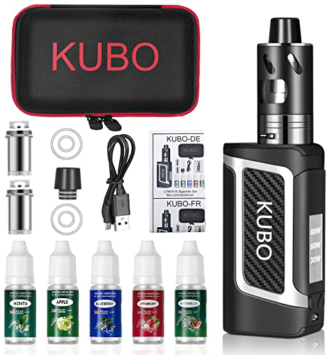 Cigarrillo electrónico Kit Cigarro electrónico y 5x10 ml E líquido 80W Mod con 0,5 Ohm/ 2 ml Atomizador 2000 mAh Batería Vape, Pantalla LED de vatio ajustable 0,0mg nicotina E Cigarette LZ80W - Negro