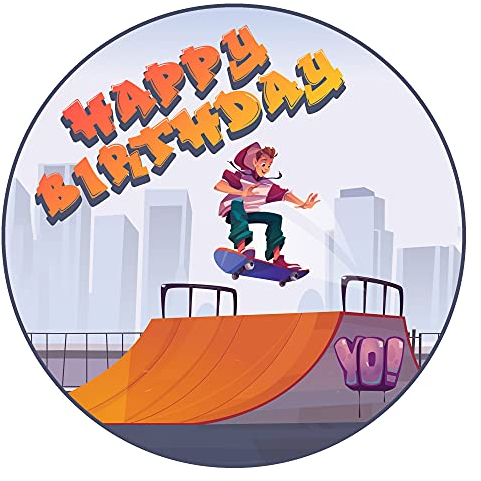 J&M DECO Tortenaufleger Geburtstag - Tortendeko Skater Motiv - Geburtstagskuchen Deko aus Fondant - Rund 20 cm - Esspapier Tortendeko - Cake Decoration