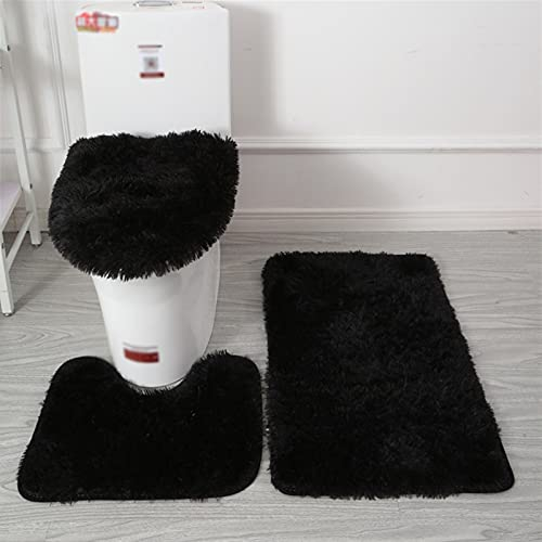 Lifup Badteppich Set 3 Teiliges, rutschfeste Shaggy Badematte, Flauschig Contour Badteppich, Langflor Toilettensitzbezug Schwarz