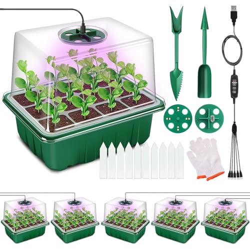DUOLAM Bandejas Semilleros, 5 Piezas Mini Invernadero Germinador Plantas Bandeja de Plántulas con Controlador y Brillo Ajustable Luz de Solar, Bandejas de Germinación Reutilizables, Verde