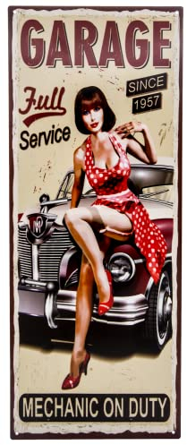 Großes 50 x 20 cm, Retro Blechschild - 60er Oldtimer Pin-Up Girl Schild, Route 66 Style, Full Service Garage, Deko Werkstatt Schild